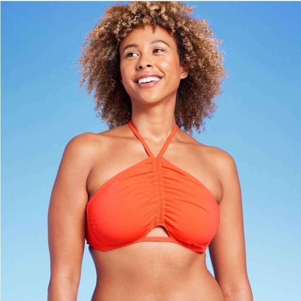 Shade & Shore Women's Tunneled Cut Out Halter High Neck orange Bikini Top